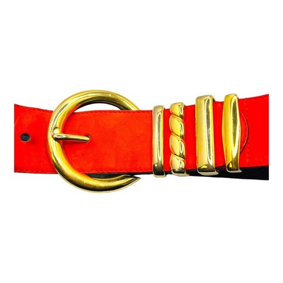 Escada 80's Leather Suede & Gilt Brass Color Block Two-Tone Vintage Belt - Picture 2 of 10